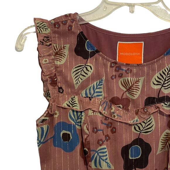 Modcloth Ruffled Floral Midi Dress Womens Small Mauve Purple Metallic Tiered - Picture 3 of 13